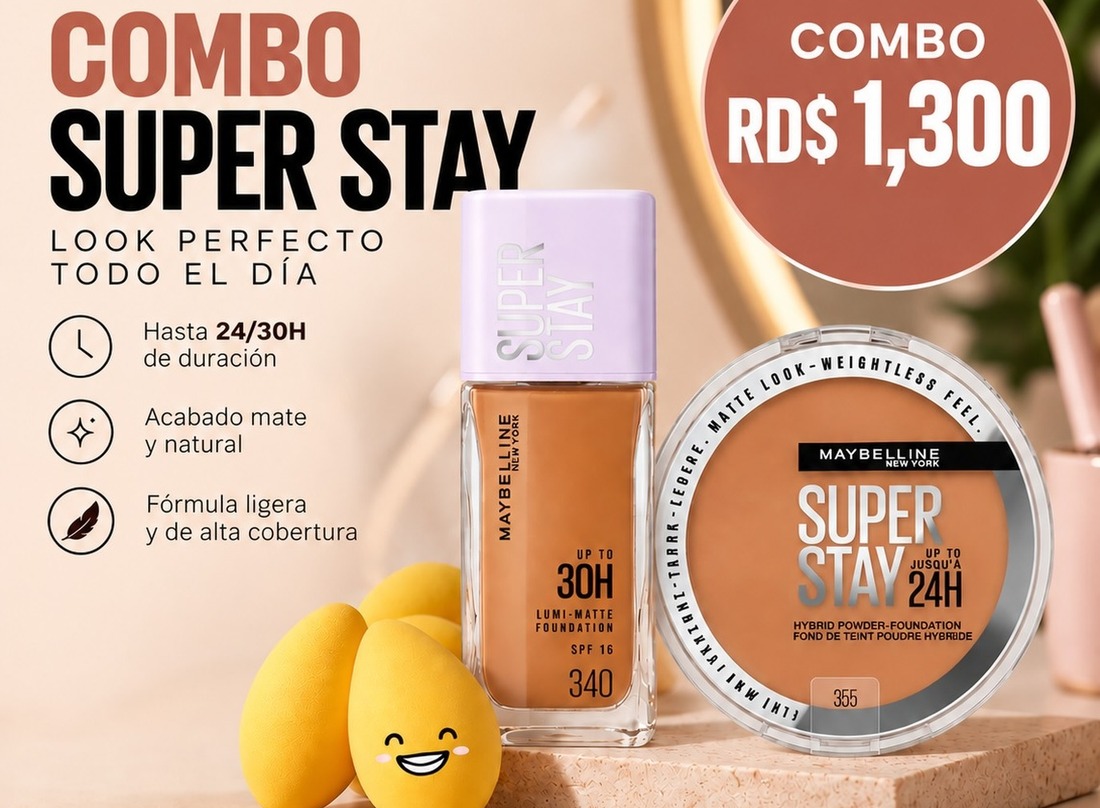 Promoción Combo Super Stay de Maybelline con base, polvo y esponja